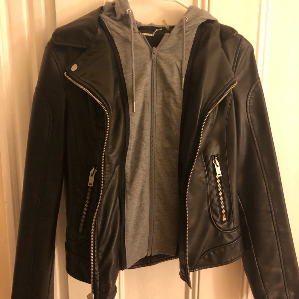 Women Hooded Leather Jacket Size Small
